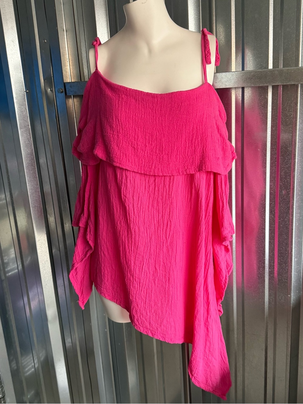 Y2K Oh My Gauze Hot Pink Off Shoulder Gauze Tunic Top Boho Festival Size P